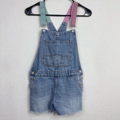 Zara Overalls Girls 11/12 Blue Denim Adjustable Straps Frayed Hem Shorts Boho - Image 1 of 4