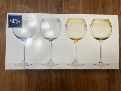 NIB Set 4 Mikasa Cheers Pastel Balloon Goblet Wine Glasses Etched - Image 1 of 4