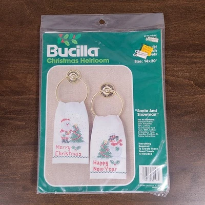 VTG 80s Bucilla SANTA & SNOWMAN Christmas Guest Towels for 2 #82197 - Image 1 of 4