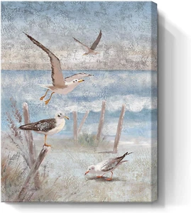 Beach Wall Art Bathroom Decor Ocean Theme Canvas Print Coastal Painting Perching - Picture 1 of 7