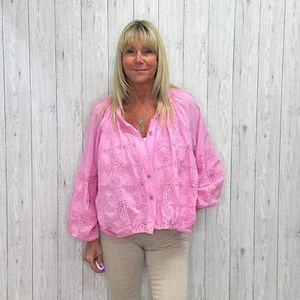 Poole Baumwolle bestickt Pailletten weite Ärmel Shirt Kaugummi rosa - Bild 1 von 1