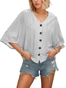Women's V-Neck Solid Color Striped Printed Loose Casual Shirt NEW - Picture 1 of 14