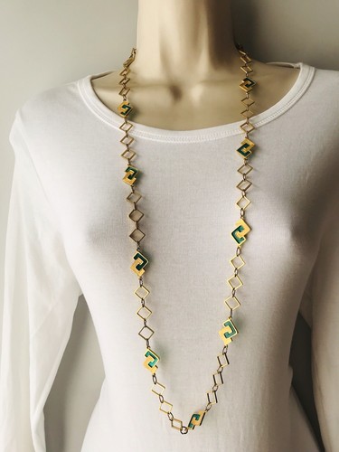 GIVENCHY COLLANA SINISTRA VINTAGE NON FIRMATA GIVECHY TONO ORO "G" vetro verde colato 97 cm