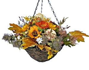 Cesta colgante de flores artificiales hecha a mano decoración exterior temporada seda de lujo - Imagen 1 de 16