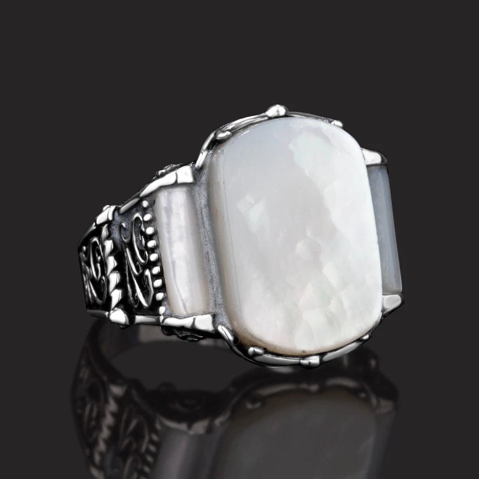 Anillo de plata de ley 925 con piedras preciosas de perlas para hombre talla 7-15 EE. UU. Foto 1 de 4
