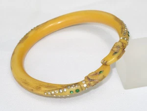 Vintage Celluloid Bracelet Bangle Rare Art Nouveau Double Ram Head Rhinestone - Picture 1 of 6