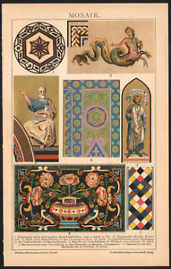 1897 Lithographie originale Mosaïques Mosaïque antique médiévale Renaissance