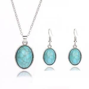 925 Silver Turquoise Zircon Women Wedding Jewelry Earrings Necklace Set Gifts