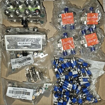 14 total 2/5/8 way Coax splitters  MSPLIT8R1-02(4) GRDBLK4R1-05(2) CTLBD-2P(8) - Image 1 of 4