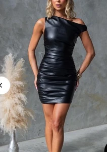NEW TIGERMIST BLACK PU FAUX LEATHER OFF SHOULDER MINI DRESS 10 12 14 - Picture 1 of 4