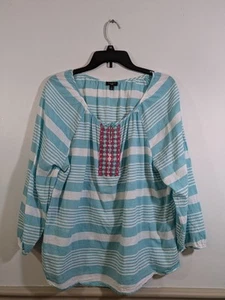 Talbots 3/4 Sleeve Beaded Embellishment Blue Striped Tunic Blouse Women's Size1X - Picture 1 of 4