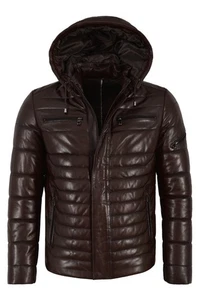 Men's Puffer Hooded Lambskin Leather Jacket Brown Real Napa Fully Quilted 2006 - Picture 1 of 6