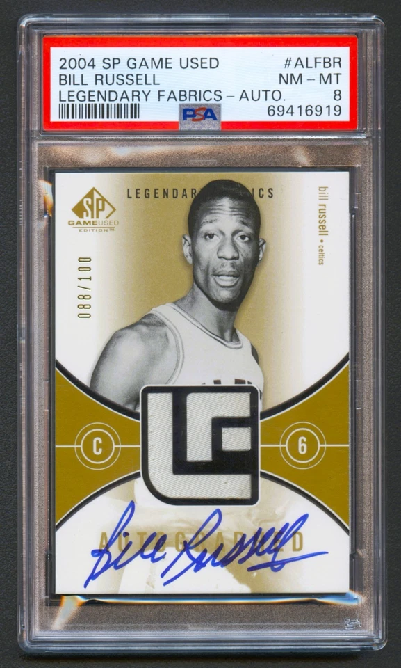 BILL RUSSELL 2004 UPPER DECK SP 比赛使用 传奇面料 签名 /100 PSA 8 — 第 1/2 张图片