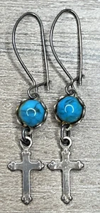 Vintage Sterling 925 Turquoise Religious Cross Dangle Southwest Hook Earrings - Picture 1 of 9