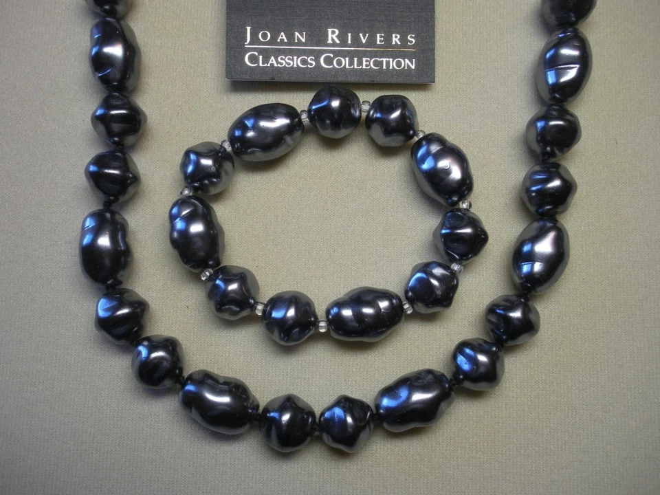 JOAN RIVER COLAR E PULSEIRA DE PÉROLAS DE VIDRO TCHECO CINZA BARROCO COM NÓS NOS - Imagem 1 de 4