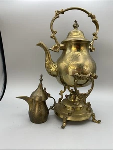 Vintage Brass Tilt Teapot On Stand With Warmer Burner Ornate W/ Bahrain Pot - Picture 1 of 18