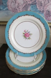 Aynsley England Set Of 6 Luncheon Plate Large Cabbage Roses Turquoise Blue Gold - Picture 1 of 8