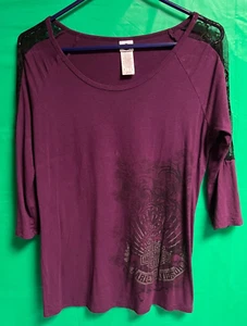 Harley Davidson viola maniche lunghe 3/4 con spalle in pizzo nero - rayon/spandex - Foto 1 di 5