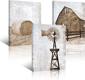 Farmhouse Wall Art Rustic Barn Windmill Cornfield Pictures Countryside Rural Lan - Picture 1 of 6