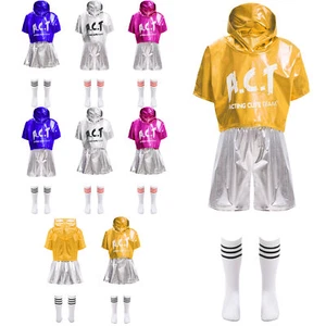 Kids Girls Outfit Party Dancewear Short Sleeve Uniform Show Top With Shorts - Picture 1 of 72