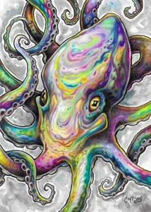 Octopus Nautical fine art colorful drawing painting print Print Bryan Collins - Picture 1 of 7