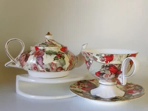 GRACE'S TEAWARE VICTORIAN CHRISTMAS THEMED TEAPOT + CUP & SAUCER - Picture 1 of 4