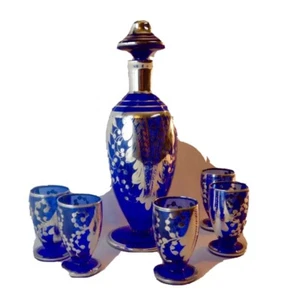 Vintage Murano Cobalt Blue Decanter Glass Cordial Set Silver Overlay Barware - Picture 1 of 8