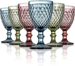 Set of 6 Wine Glasses, 10 oz Colored Glass Goblet with Diamond Pattern, Embos... - Picture 1 of 7