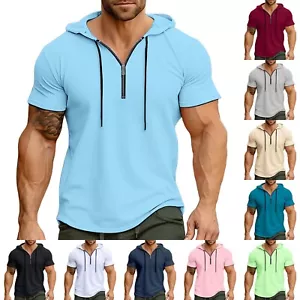 Men's Short Sleeve Hoodie T Shirts Zip Lightweight Sweatshirt Hoodies Pullover - Picture 1 of 54