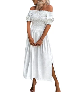 IZURIA White Smocked Side Slit Off Shoulder Maxi Dress Size L - Bild 1 von 1