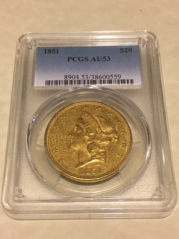 1851 AU53 PCGS Liberty Double Eagle Type 1 $20 Gold Coin very nice appeal Cover