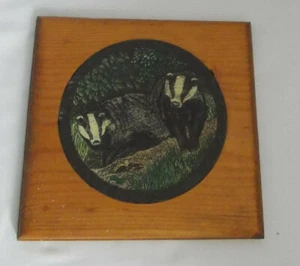Vintage Wood Framed slate Badgers picture Trivet/teapot stand/plaque 22cm square - Picture 1 of 1