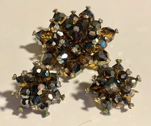 Aurora Borealis Cluster Beads Brooch & Earrings Amber Brown Chestnut Vintage Set - Picture 1 of 23