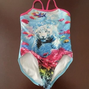 OP Ocean Pacific Girls, One Piece Swimsuit, Medium 7–8 White Tiger - Picture 1 of 6