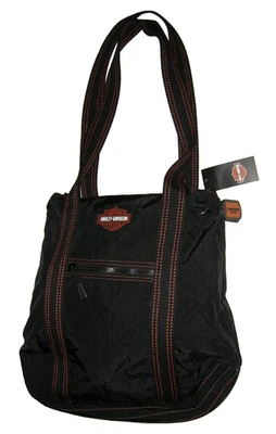 Cartera Harley-Davidson, Nylon Negro con Costuras Naranja, Doble Asa, Totalmente Nueva Foto 1 de 4