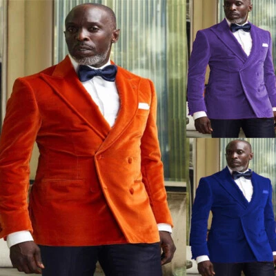 Fashion Men Velvet Suits Peak Lapel Double Breasted Tuxedos Wedding Prom Blazer - Image 1 of 4