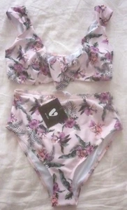 Very BNWT high waisted lined bikini set pink tropical floral print size UK10 - Picture 1 of 8