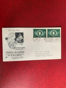 UN NEW YORK 1952 FDC ART CRAFT UNIVERSAL DECLARATION HUMAN RIGHTS 3 CENTS PAIR - Picture 1 of 2