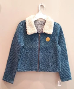 Girls' Cat & Jack Heart Print Rex Blue Coat Jacket Faux Fur Collar, Large Plus   - Picture 1 of 3