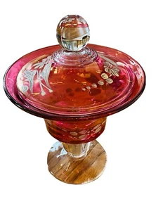 Vintage CRANBERRY Hand Painted Flourish House Covered COMPOTE Candy Dish - Picture 1 of 12