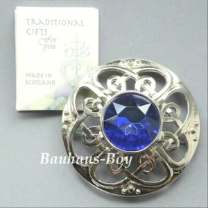 Art Pewter KILT PLAID BROOCH CULLODEN FAUX SAPPHIRE MADE IN SCOTLAND BOXED NEW - Picture 1 of 11