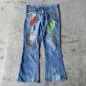 Montgomery Ward? 70s Jeans Patchwork Denim Wide Leg Flare Hippy vintage 34x30 - Picture 1 of 11