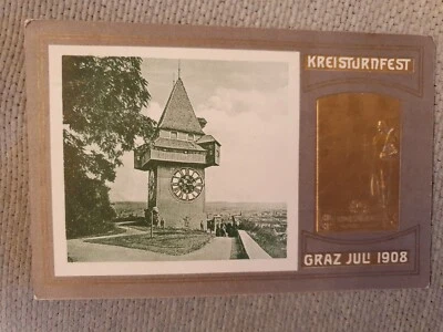 AK Ansichtskarte Kreisturnfest Graz Juli 1908 Uhrturm geprägte Litho Postkarte - Bild 1 von 2