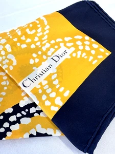 Christian Dior Large Scarf Yellow and Navy Silk, Made in France - Picture 1 of 11