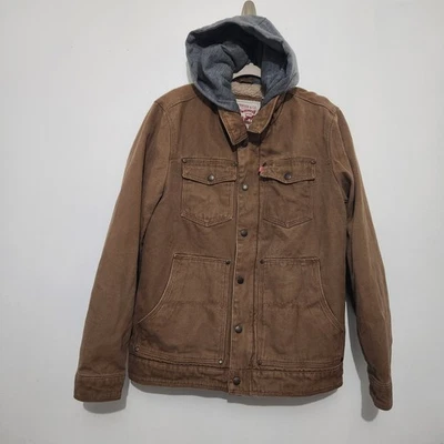 Abrigo de Trabajo Levi's Chaqueta Pequeña S Marrón Forrado Sherpa Gris Tejido Capucha Ropa de Trabajo Acogedor Foto 1 de 4