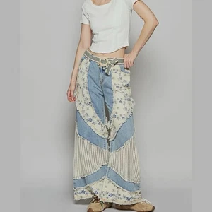 Pol Damen Jeans Patchwork Gr. M Blumenmuster Bohemian Hippie Stoff Loose Fit - Bild 1 von 14