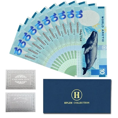 Billetes de 10 dólares de papel de plata de la ballena Moby Dick del Ártico del mundo sobre Foto 1 de 4