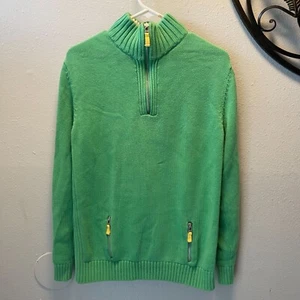 Lands' End Boys Green Half-Zip Sweater L 14-16 Cotton Rib Collar Zip Pockets - Picture 1 of 11