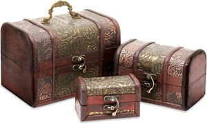 3-Set Wood Treasure Chest Decorative Boxes with Flower Motifs - Vintage Style Sm - Picture 1 of 12