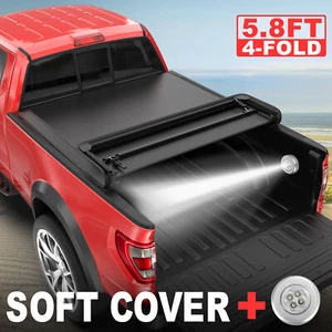 5.8FT Bed Truck Tonneau Cover For 04-07 GMC Sierra Chevy Silverado 4-Fold & Lamp - Picture 1 of 12